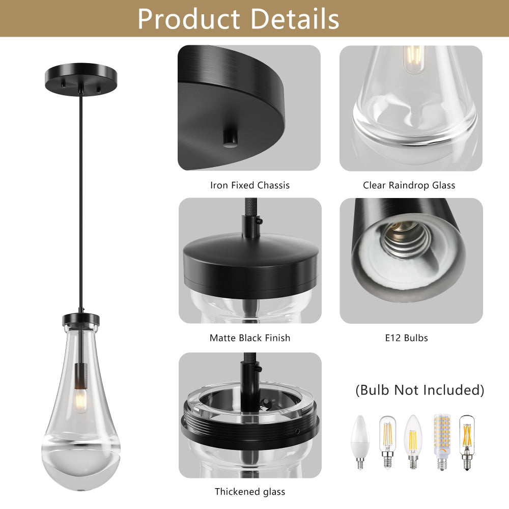 Raindrop pendant light with clear glass shade, matte black iron chassis, and brass/black rod, featuring thickened glass and E12 bulb compatibility, ideal for kitchen island, dining room, or entryway.