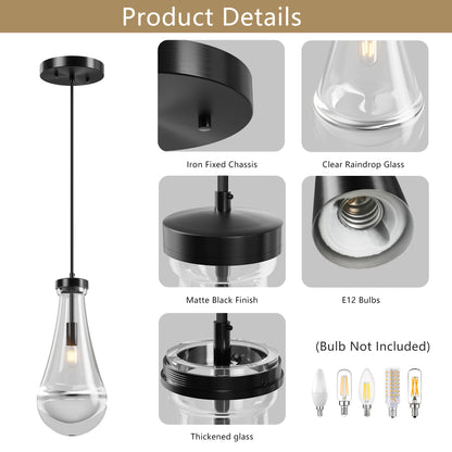 Raindrop pendant light with clear glass shade, matte black iron chassis, and brass/black rod, featuring thickened glass and E12 bulb compatibility, ideal for kitchen island, dining room, or entryway.