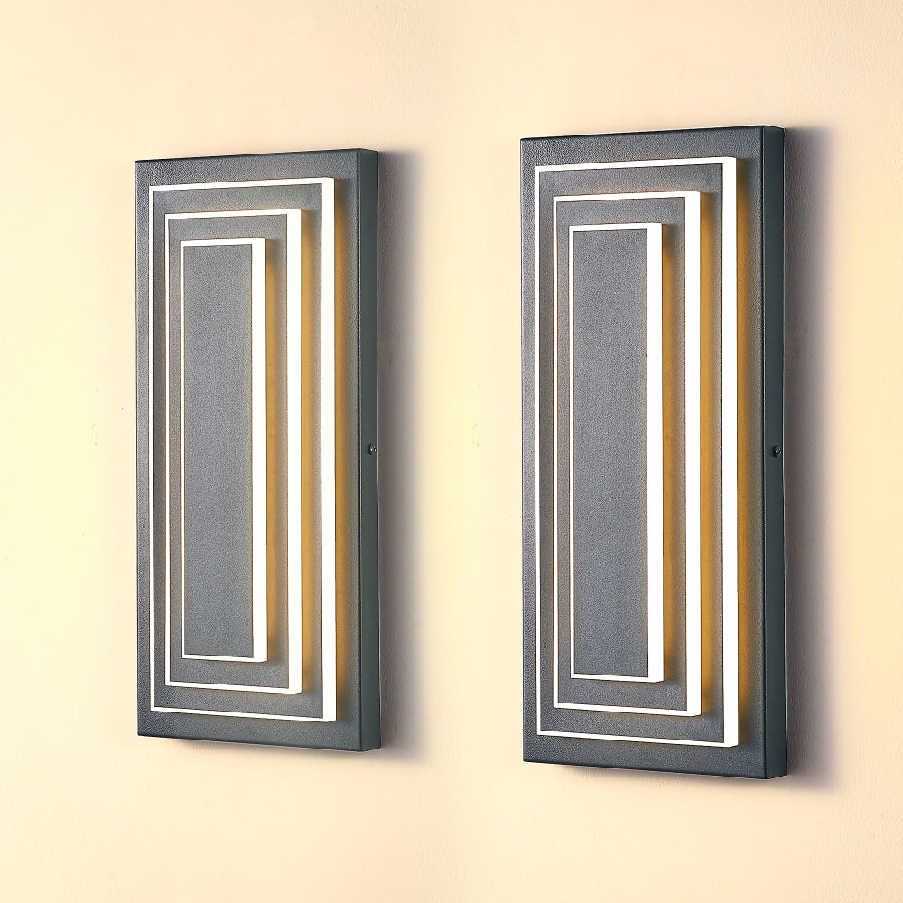 3-Tier LED Outdoor Wall Sconce | Modern Black Exterior Light with Acrylic Shade — 15.7" or 23.6", 24W Warm White, 2-Pack