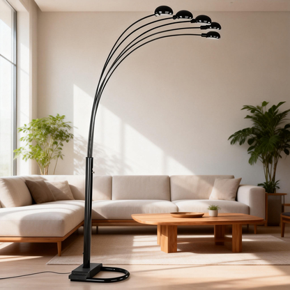 5-Arm Arc Floor Lamp – Adjustable Dome Heads, 3-Way Switch & Tip-Resistant Base | Black, Gold, Nickel & White