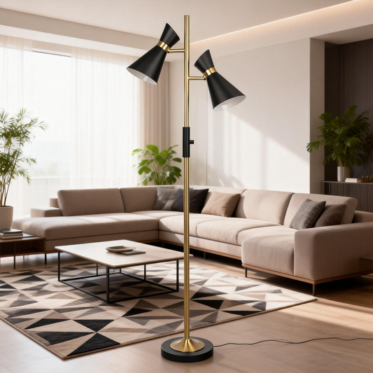 Double Spot Floor Lamp – Brushed Gold Finish, 4-Way Switch & Metal Base | Modern Reading & Accent Lighting