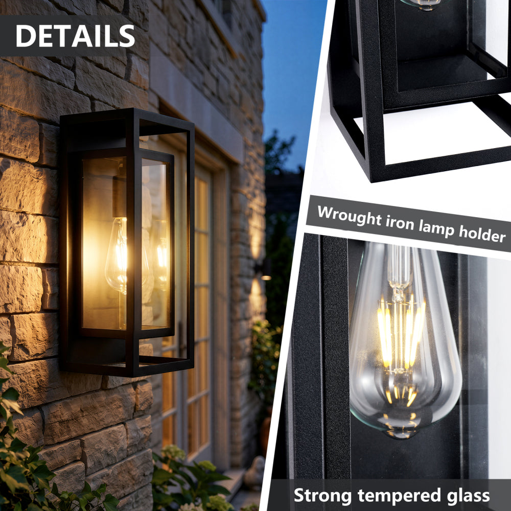 Black Outdoor Wall Lantern | IP65 Waterproof Coach Light with Clear Glass & E26 Socket — 2 Sizes, 2-Pack for Porch, Garage & Front Door