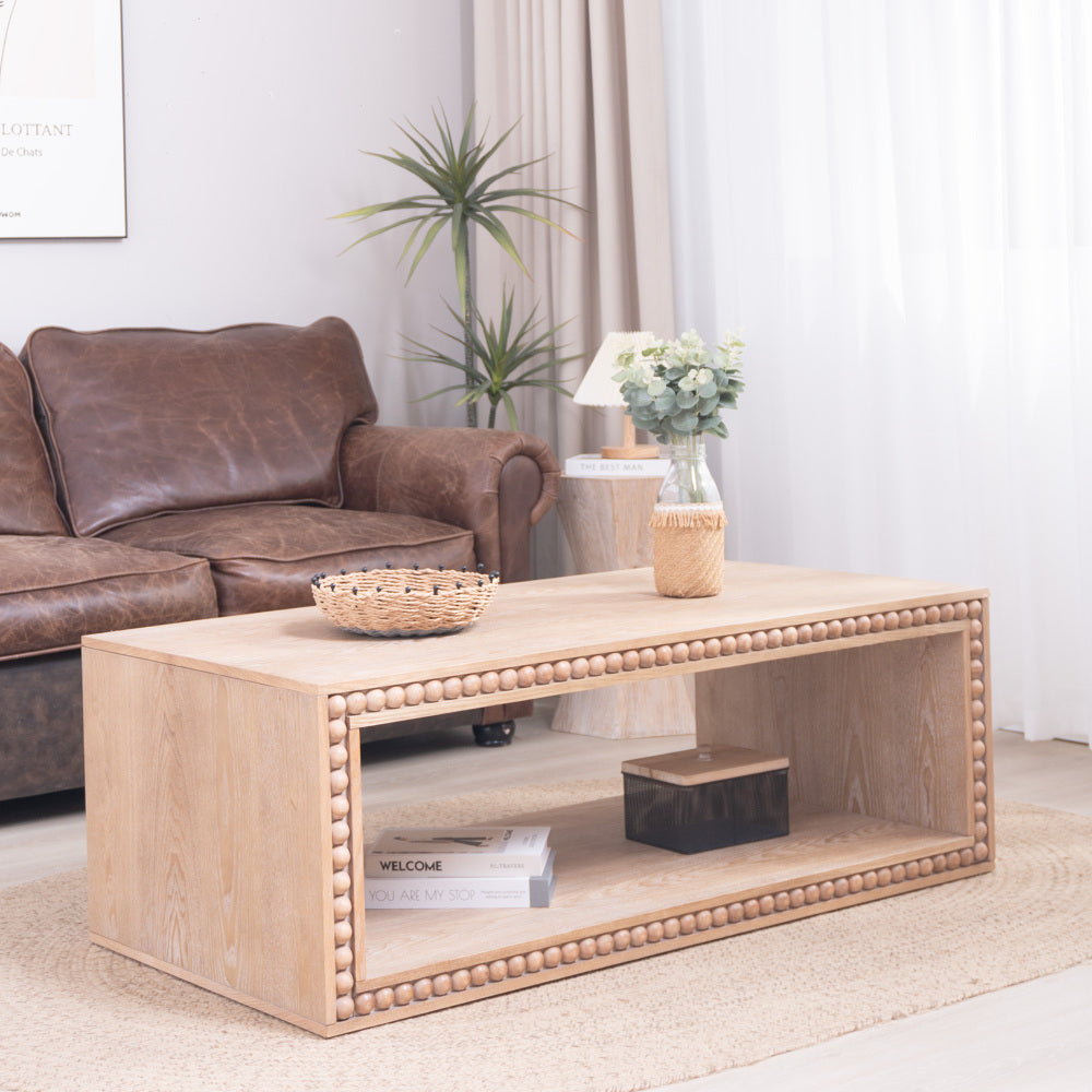 Rustic Beaded Edge Coffee Table with Open Storage Shelf | 47.6" Farmhouse Center Table — Natural Wood Finish Wood Grain