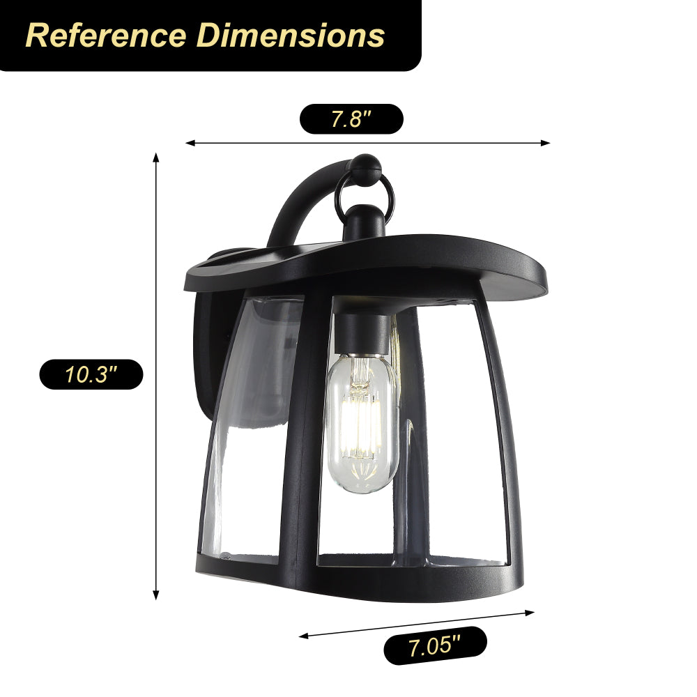Black solar wall lantern with clear glass panels, dual solar panels, and 4 lighting modes, shown with dimensions 7.8" wide x 10.3" tall x 7.05" deep