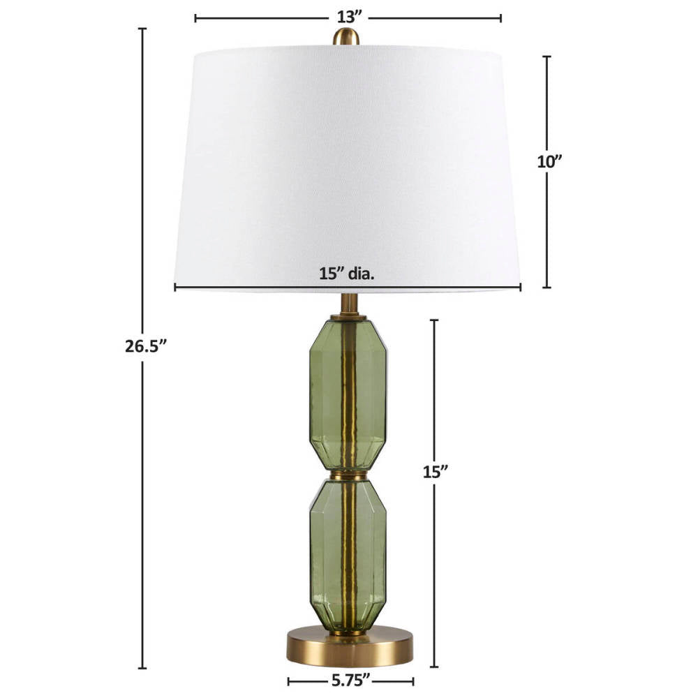 Faceted Green Glass Table Lamp – Gold Metal Base & White Fabric Shade | LED Bulb Included | Modern Accent Lamp