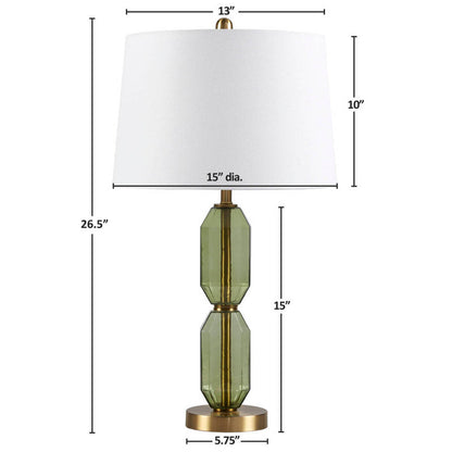 Faceted Green Glass Table Lamp – Gold Metal Base & White Fabric Shade | LED Bulb Included | Modern Accent Lamp