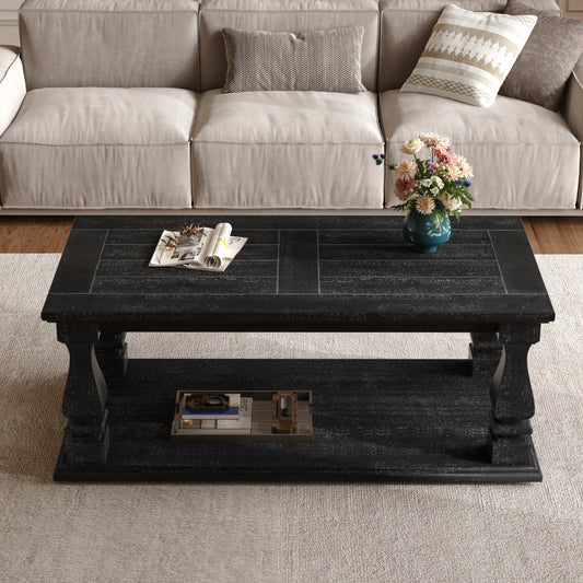 Farmhouse Coffee Table with Storage Shelf 47" Rustic Solid Wood Planked Top & Square Baluster Legs Black