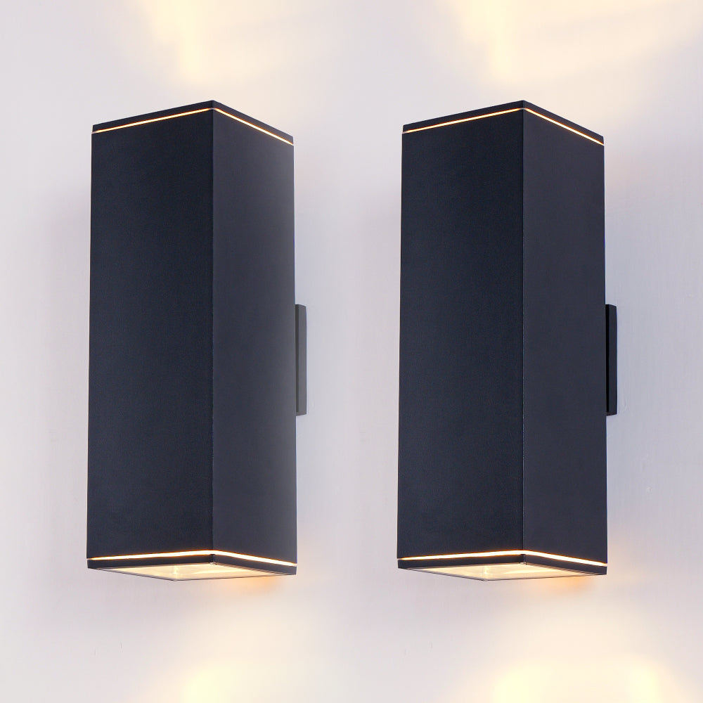 Modern Square Outdoor Wall Light | Up & Down Cylinder Aluminum Sconce — 3 Sizes, Waterproof Exterior Light for Porch, Patio & Garage (2-Pack)