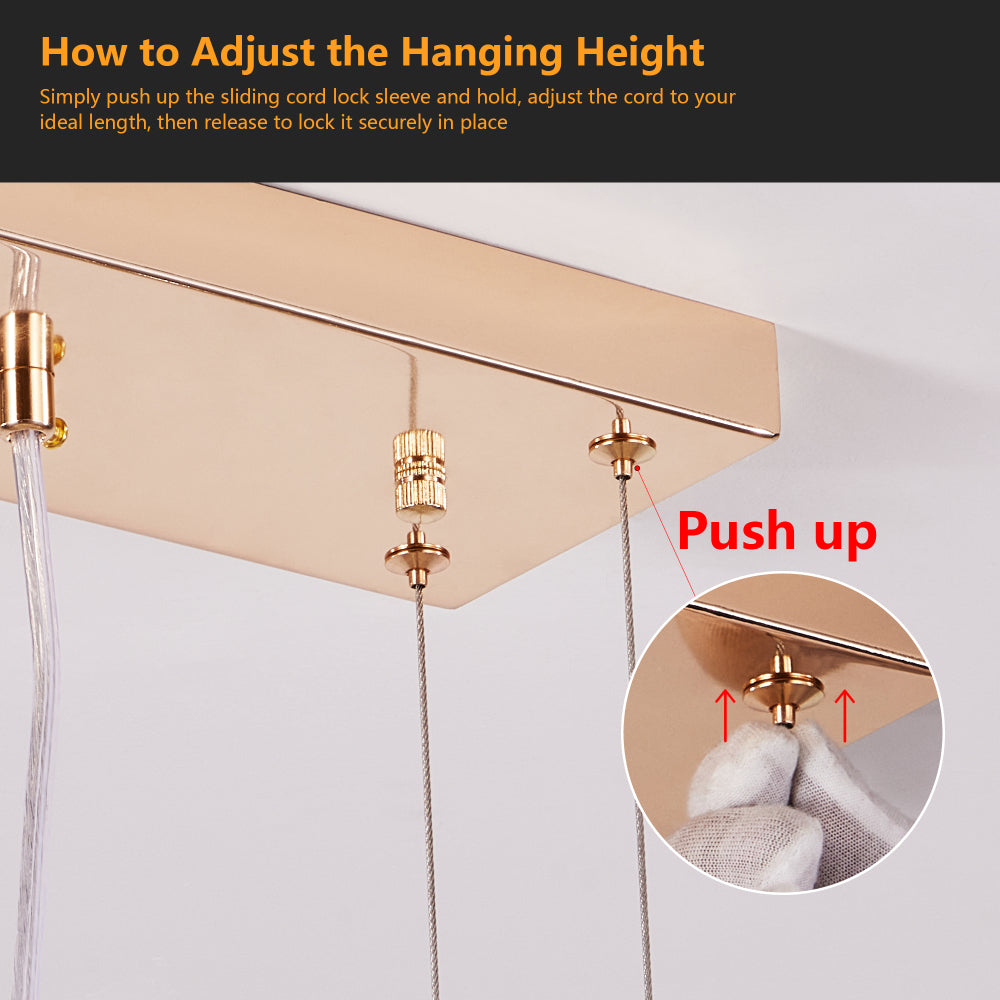 Close-up of gold chandelier's hanging height adjustment mechanism, demonstrating sliding cord lock sleeve for easy height modification