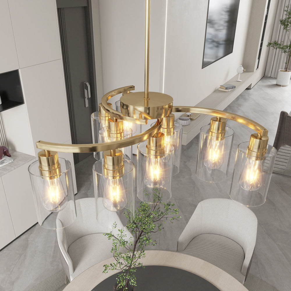 Modern Farmhouse 9-light chandelier in gold finish with clear glass shades, adjustable height, dimmable, ideal for dining room or kitchen island.