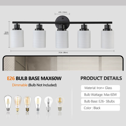 Vanity Light Fixture | 4/5/6/8-Light Bathroom Wall Sconce with Frosted White Glass & Iron Frame — Black, Chrome or Gold, 4 Sizes