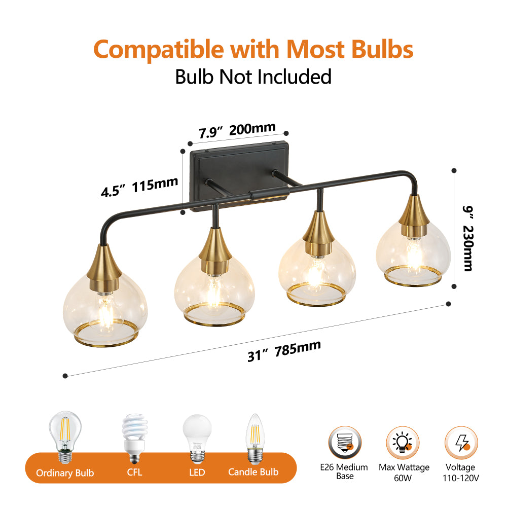 Black and gold 4-light industrial vanity wall sconce with clear glass shades, dimensions 31" wide x 9" tall, E26 bulb compatible