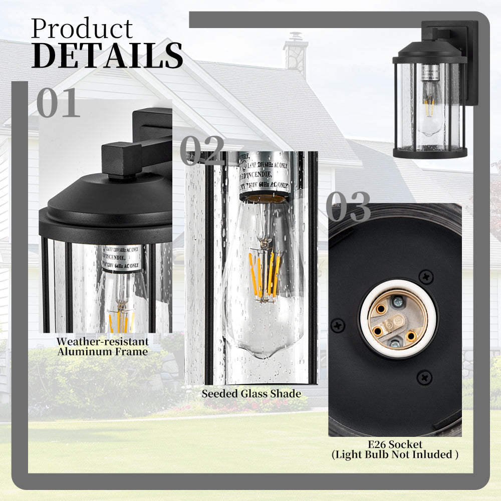 Outdoor Wall Sconces 2 Pack – Black Exterior Light Fixtures with Seeded Glass