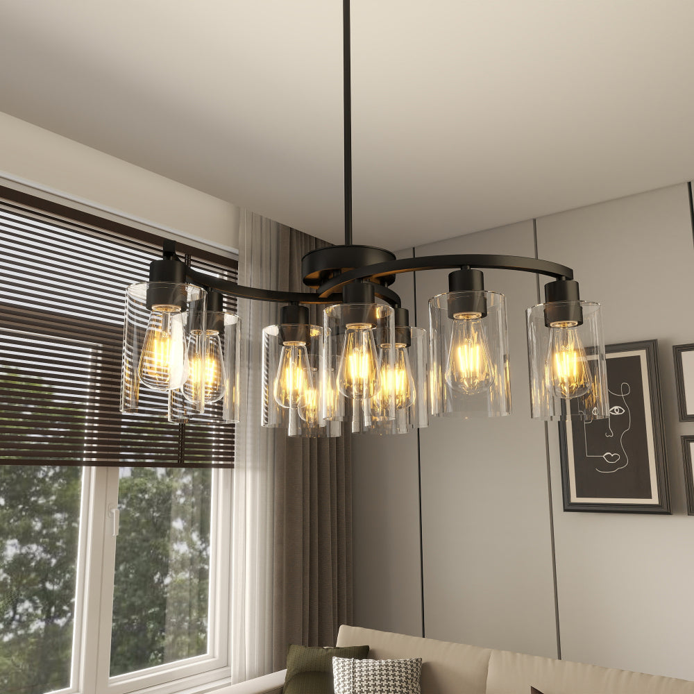 Black 9-light modern farmhouse chandelier with clear glass shades, adjustable height, dimmable, for dining room or kitchen island.
