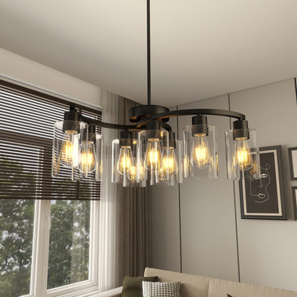 Black 9-light modern farmhouse chandelier with clear glass shades, adjustable height, dimmable, for dining room or kitchen island.