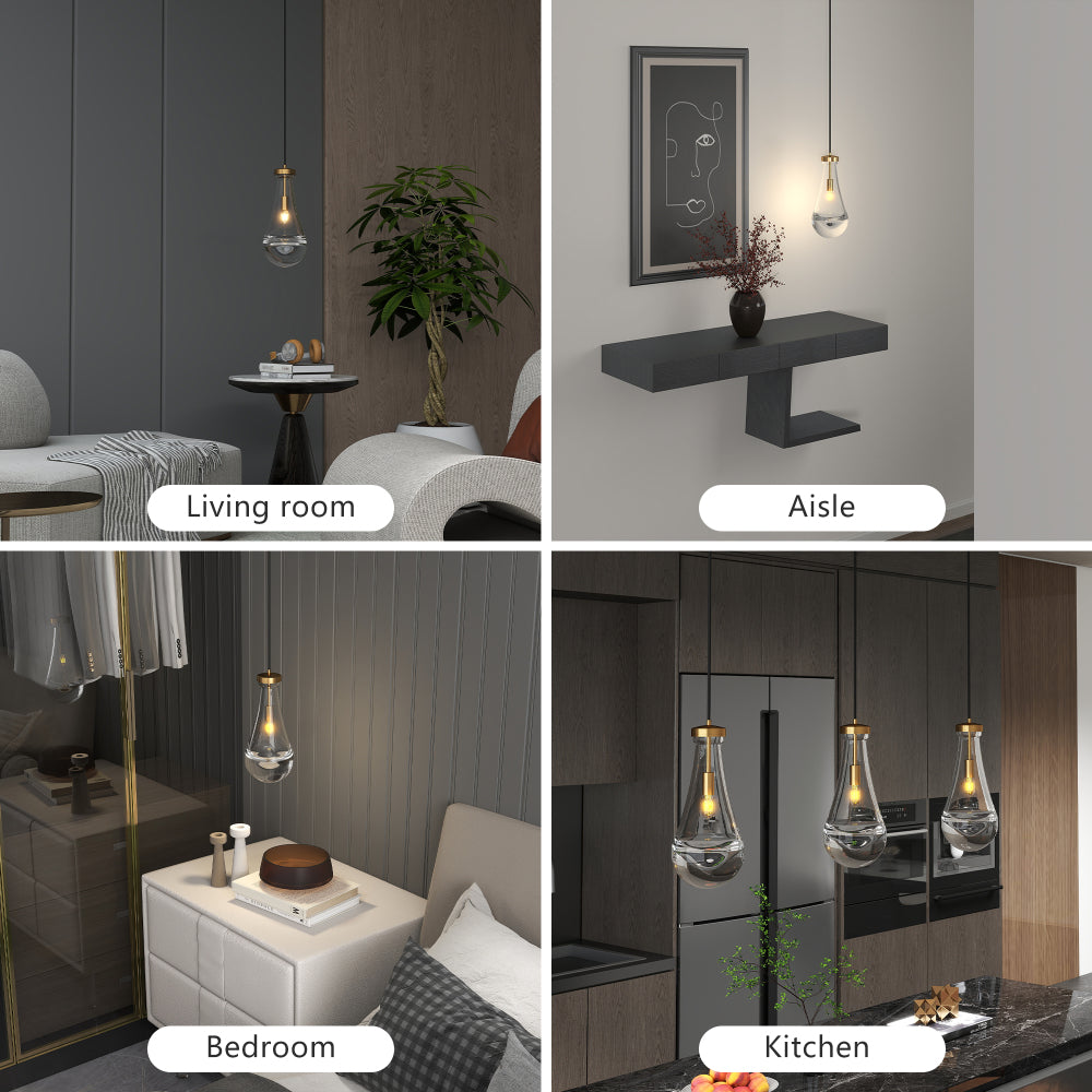 Raindrop Pendant Light with hand-blown clear glass shade and brass/black rod, displayed in living room, entryway, bedroom, and kitchen settings.