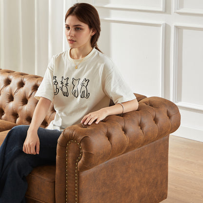 85.5" Chesterfield Sofa 3-Seater | Tech Fabric with Button Tufting, Rolled Arms & Wood Legs — Brown / Black