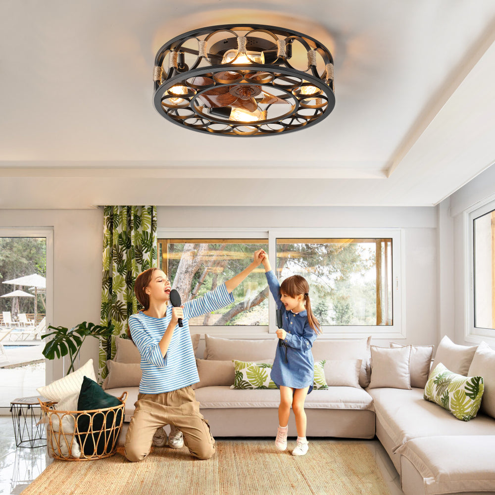 Caged Flush Mount Ceiling Fan with LED Lights & Remote – Farmhouse Matte Black, 6 Speeds & Reversible DC Motor