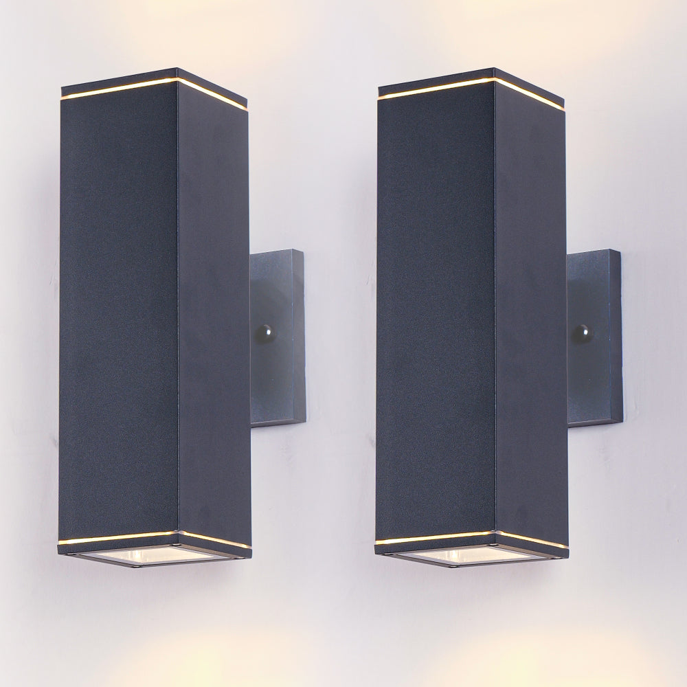 Modern Square Outdoor Wall Light | Up & Down Cylinder Aluminum Sconce — 3 Sizes, Waterproof Exterior Light for Porch, Patio & Garage (2-Pack)