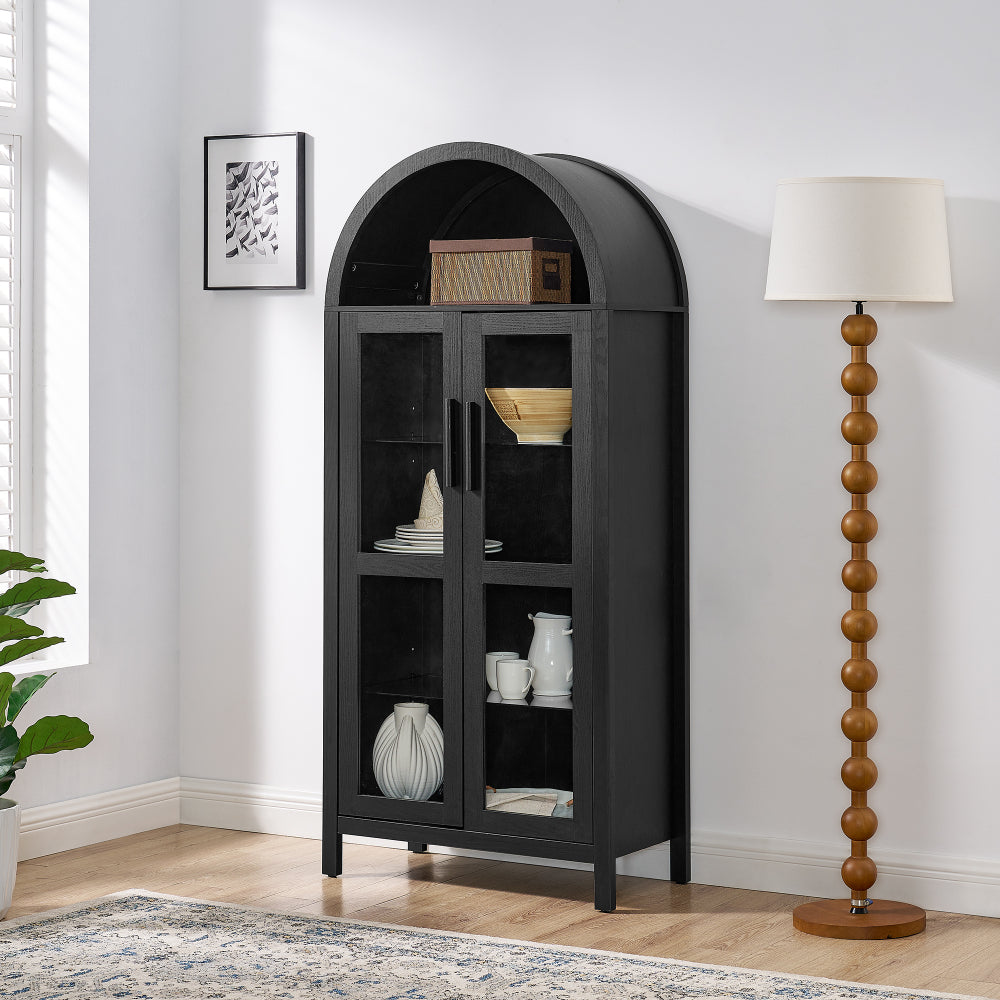 High-Arched Storage Cabinet with LED Light Modern Retro Wood Glass Display Cabinet with Adjustable Shelves Black