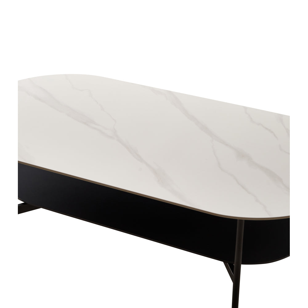 Ceramic Sintered Stone Coffee Table with Walnut Shelf | 47" Double-Layer Living Room Center Table — White & Coffee Brown