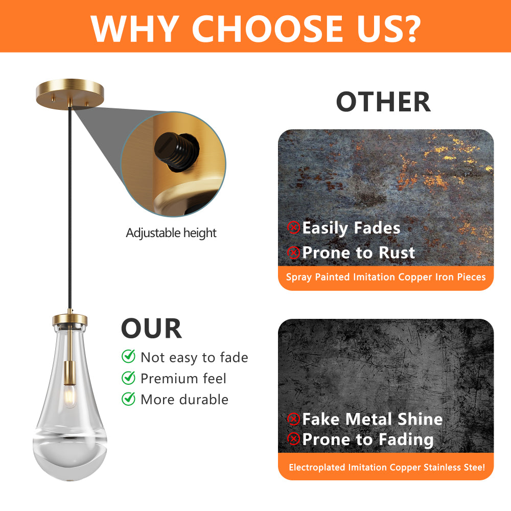 Raindrop Pendant Light comparison highlighting adjustable height and premium materials (not fading, durable) vs. other spray-painted or electroplated imitation metal brands.