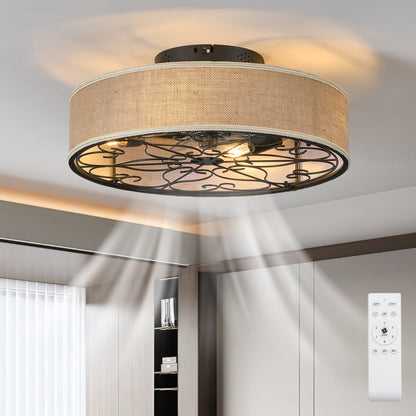 20" Caged Ceiling Fan with LED Light & Remote – Linen Fabric Shade, 6 Speeds, Reversible DC Motor | Farmhouse Flush Mount Black