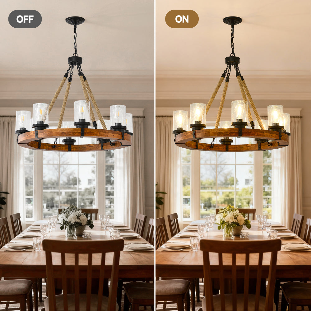 8-Light Rustic Wagon Wheel Chandelier | 31" Wood Frame & Seeded Glass, Farmhouse Industrial Pendant