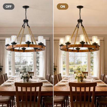 8-Light Rustic Wagon Wheel Chandelier | 31" Wood Frame & Seeded Glass, Farmhouse Industrial Pendant