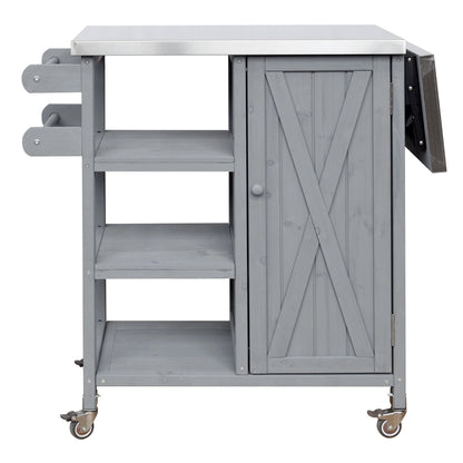 Foldable Outdoor Kitchen Island with Stainless Steel Top | Rolling Cart with Storage Cabinet, Open Shelves & Towel Rack — Grey