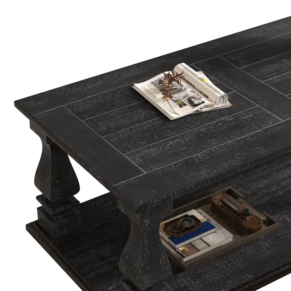 Farmhouse Coffee Table with Storage Shelf 47" Rustic Solid Wood Planked Top & Square Baluster Legs