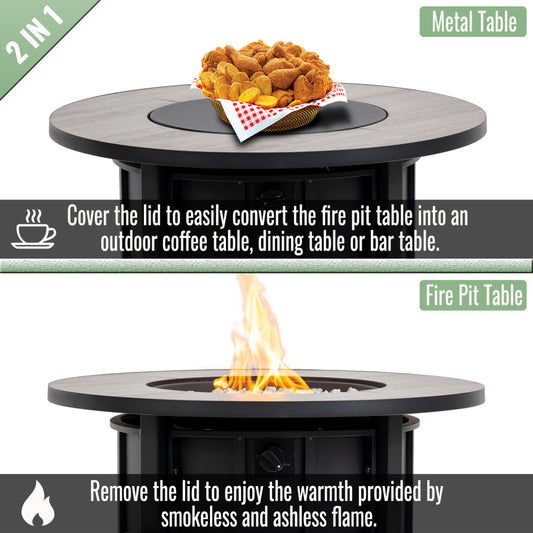 30" Propane Fire Pit Table | 50,000 BTU Round Steel Fire Table with Wood-Grain Ceramic Top & Rain Cover — Black