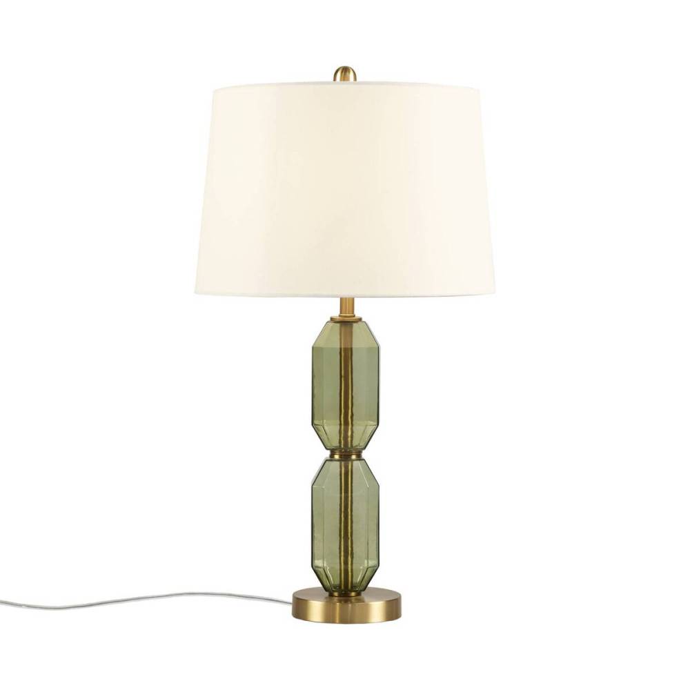 Faceted Green Glass Table Lamp – Gold Metal Base & White Fabric Shade | LED Bulb Included | Modern Accent Lamp