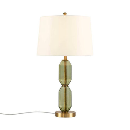 Faceted Green Glass Table Lamp – Gold Metal Base & White Fabric Shade | LED Bulb Included | Modern Accent Lamp