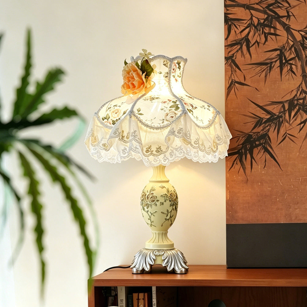 Victorian Pink & Ivory Table Lamp – Lace Pleated Shade & Beaded Fringe, Princess Bedside Night Light