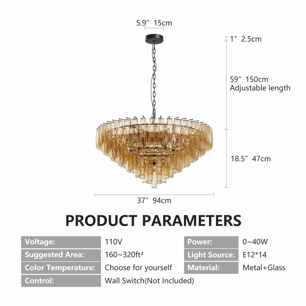 Round tiered smoke glass chandelier with gold metal frame, 14 lights, 37 inches wide, dimmable