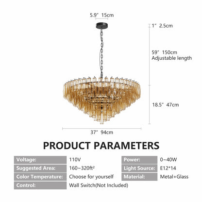 Round tiered smoke glass chandelier with gold metal frame, 14 lights, 37 inches wide, dimmable