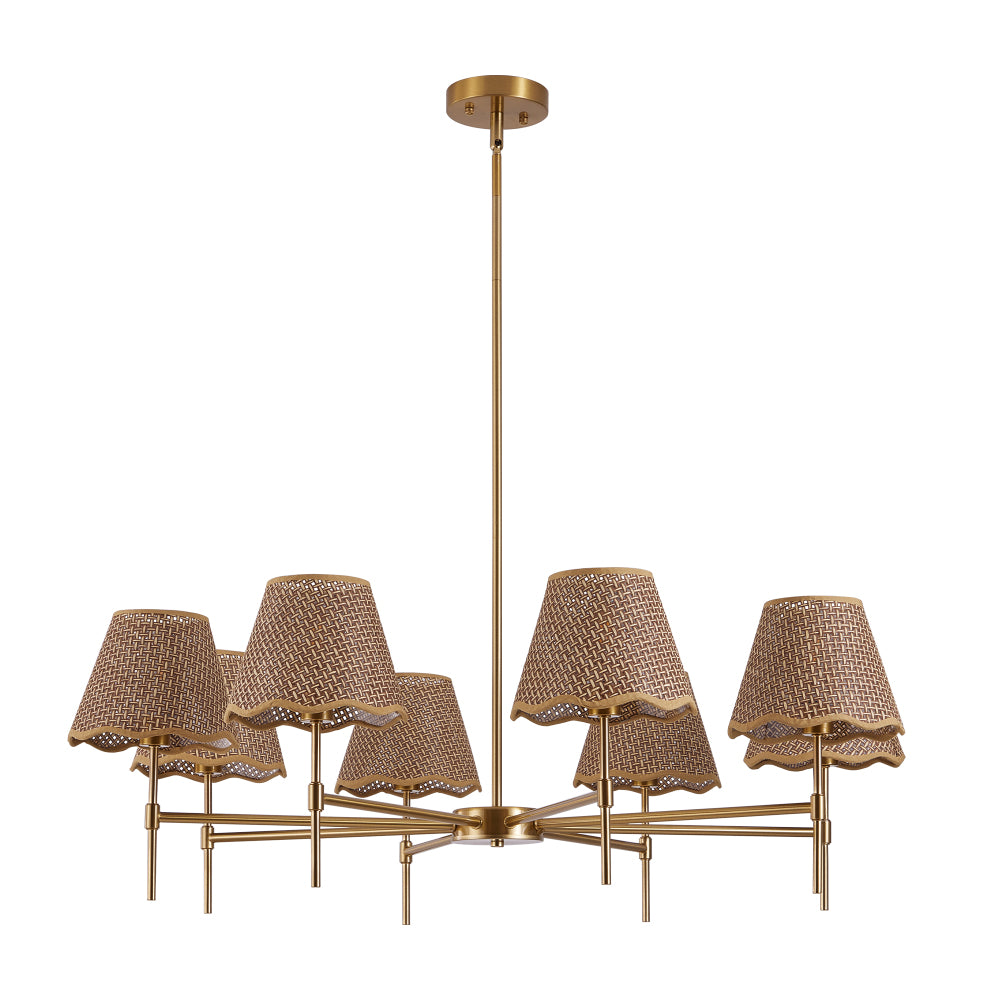 38.6-inch gold boho rattan chandelier with 8 woven lampshades, adjustable height, displayed against a white background