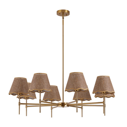 38.6-inch gold boho rattan chandelier with 8 woven lampshades, adjustable height, displayed against a white background