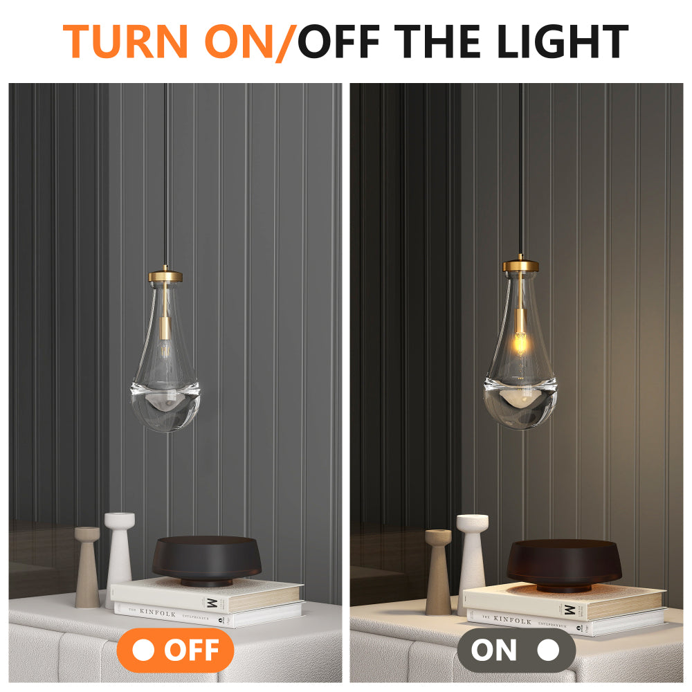 Raindrop Pendant Light on/off state comparison showing warm glow when lit and clear glass shade when off, displayed on a modern surface with decor items.