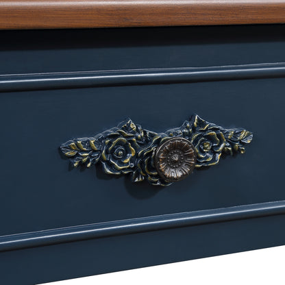 Retro Half-Moon Console Table with 2 Drawers & Open Shelf | 52" Curved Solid Wood Sofa Table — Navy Blue & Brown