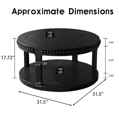 31.5" Round Solid Wood Coffee Table — Two-Tier Shelf, Natural Finish