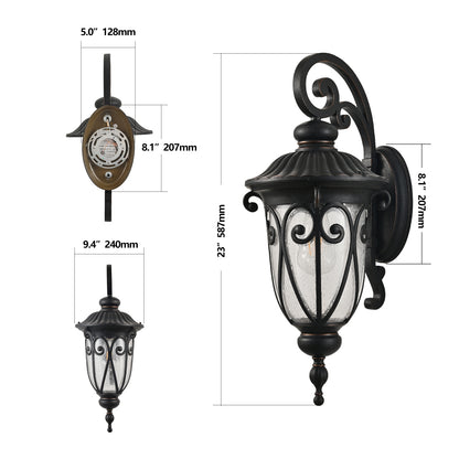 23-inch black vintage outdoor wall lantern with bubble glass, displaying detailed dimensions including height and width.