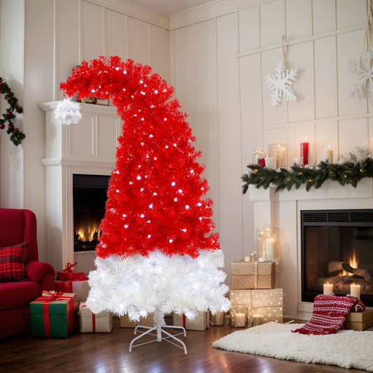 6 FT Santa Hat Shaped Christmas Tree | Pre-Lit Whimsical Curved Xmas Tree with 300 Cool White LEDs & 1050 PET Tips — Red & White