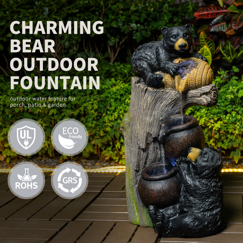 Bear Outdoor Water Fountain with LED Lights | 23.62" Cascading Garden Fountain with Climbing Bear Design — Patio, Yard & Balcony