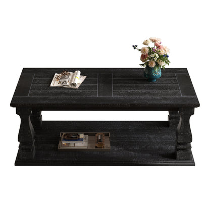 Farmhouse Coffee Table with Storage Shelf 47" Rustic Solid Wood Planked Top & Square Baluster Legs