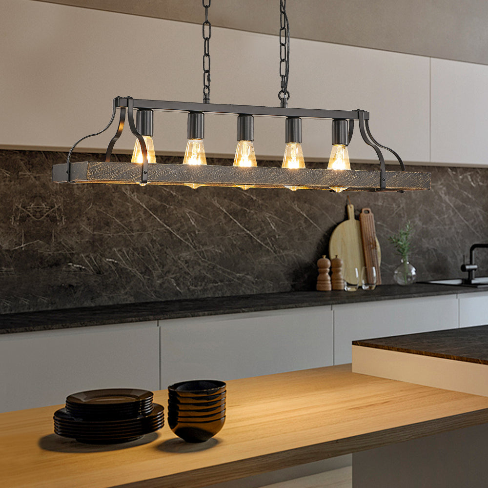 34-inch black and gold vintage chandelier with 5 lights, adjustable chain, hanging over kitchen island with marble backsplash, wooden countertop, and kitchenware
