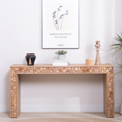 Rustic Console Table with Natural Log Accents | 62" Narrow Entryway & Sofa Table Modern Farmhouse Style Wood Grain
