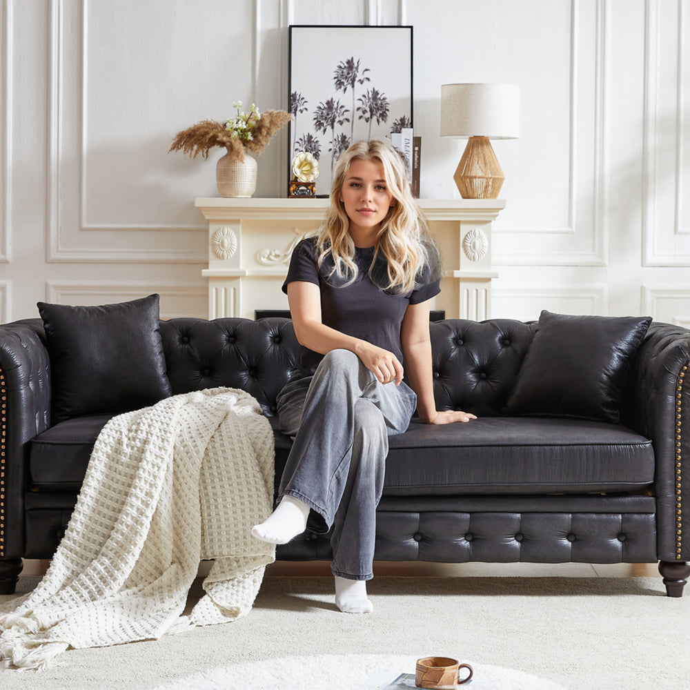 85.5" Chesterfield Sofa 3-Seater | Tech Fabric with Button Tufting, Rolled Arms & Wood Legs — Brown / Black