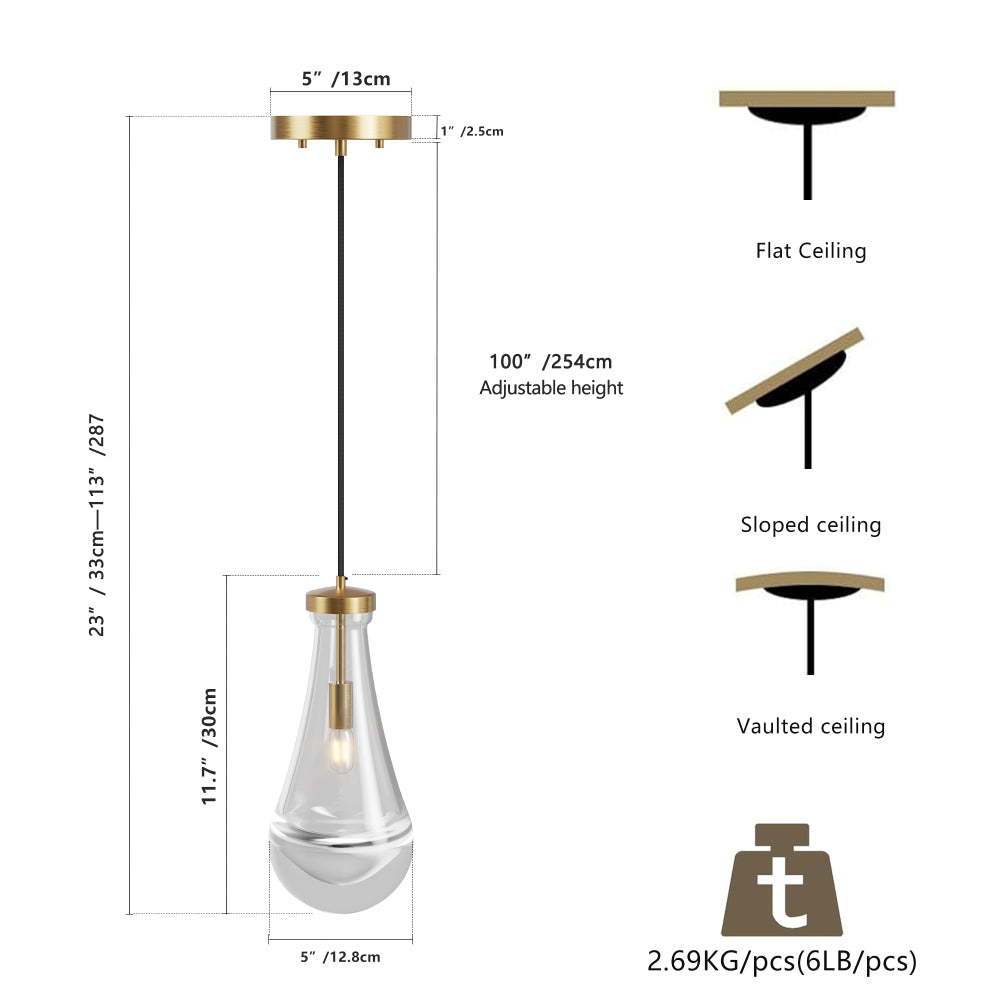 Raindrop Pendant Light dimensions diagram showing 23"-113" adjustable height, 11.7" hand-blown clear glass shade, and compatibility with flat, sloped, vaulted ceilings.